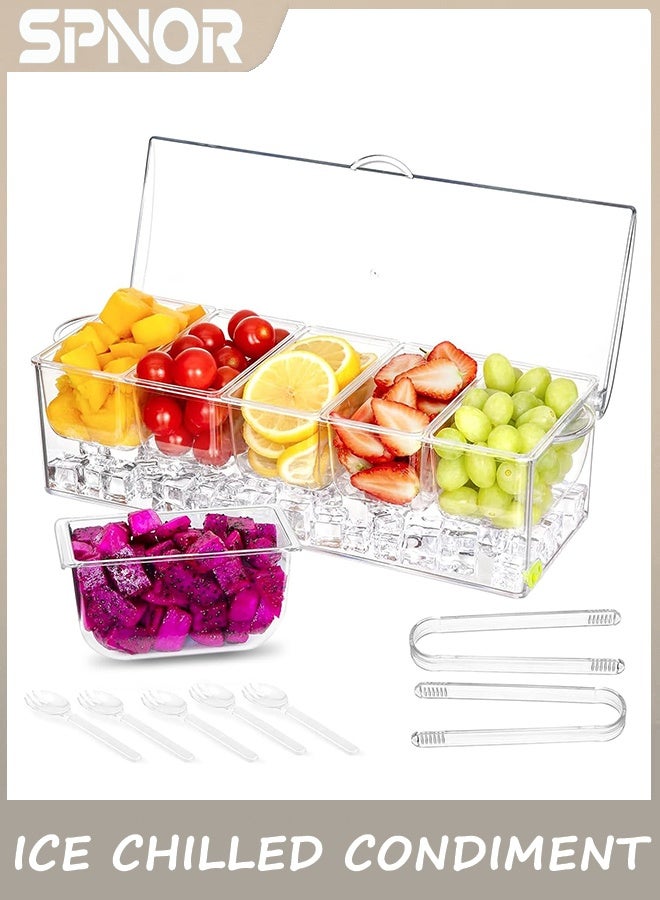 Spnor Ice Chilled Condiment Caddy with 5 Containers, Condiment Server with Separate Lids, Serving Tray Platter with Removable Dishes for Bar Accessories, Fruit, Salad, Taco, Party Garnish - Image 1